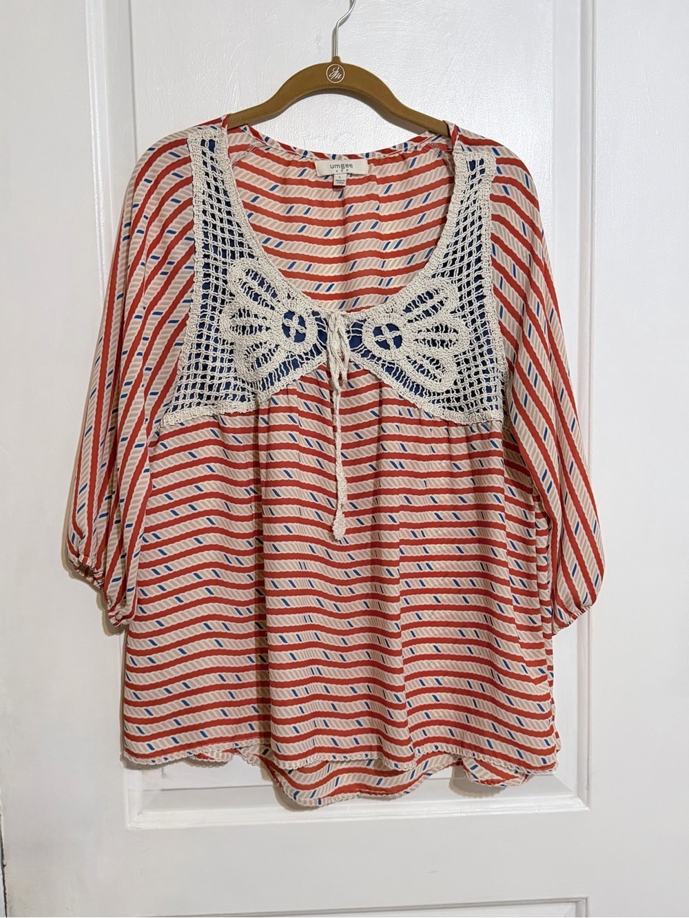 Umgee Red & Navy Striped Crochet-Yoke Peasant Top large